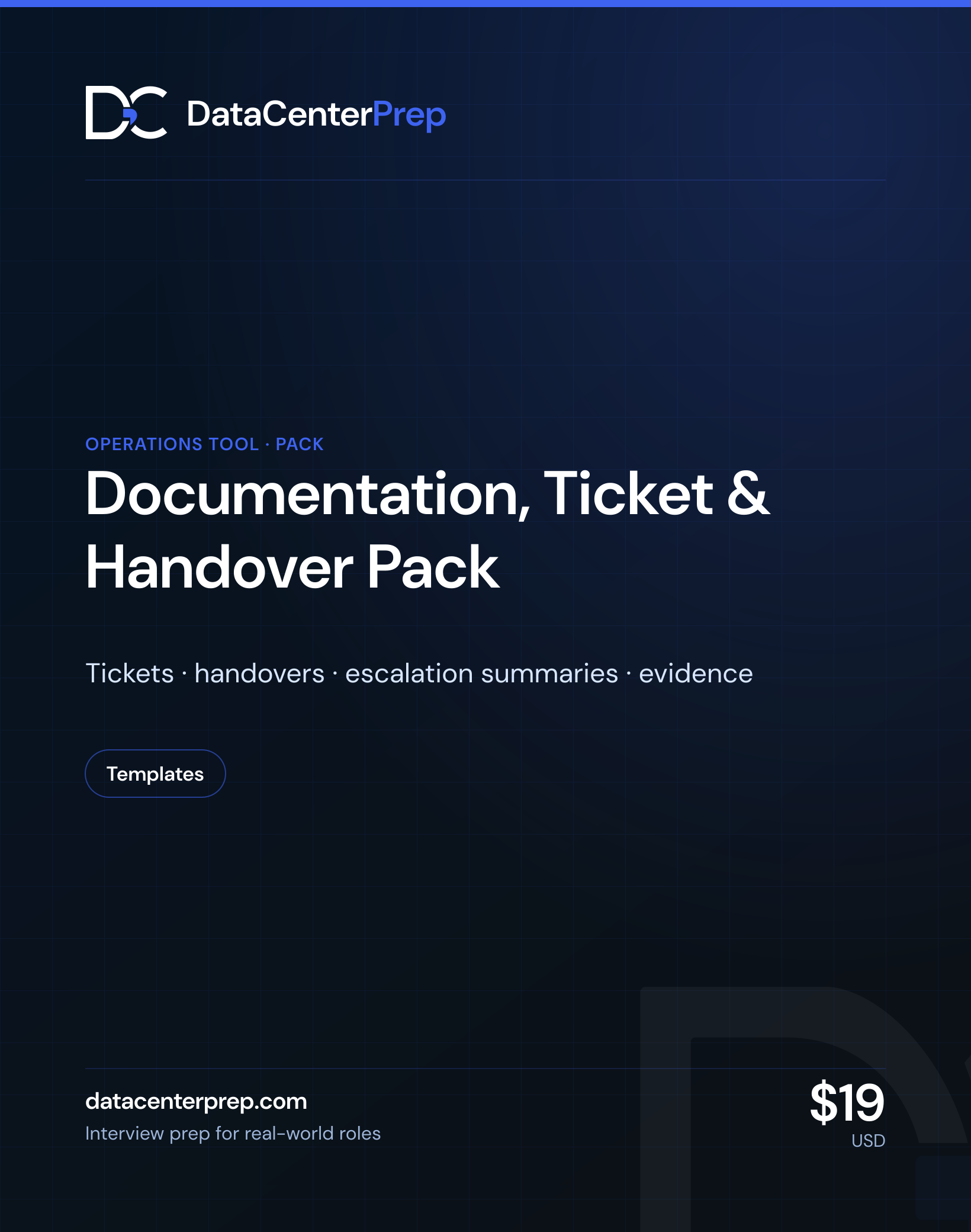 Data Center Documentation, Ticket and Handover Pack — product cover